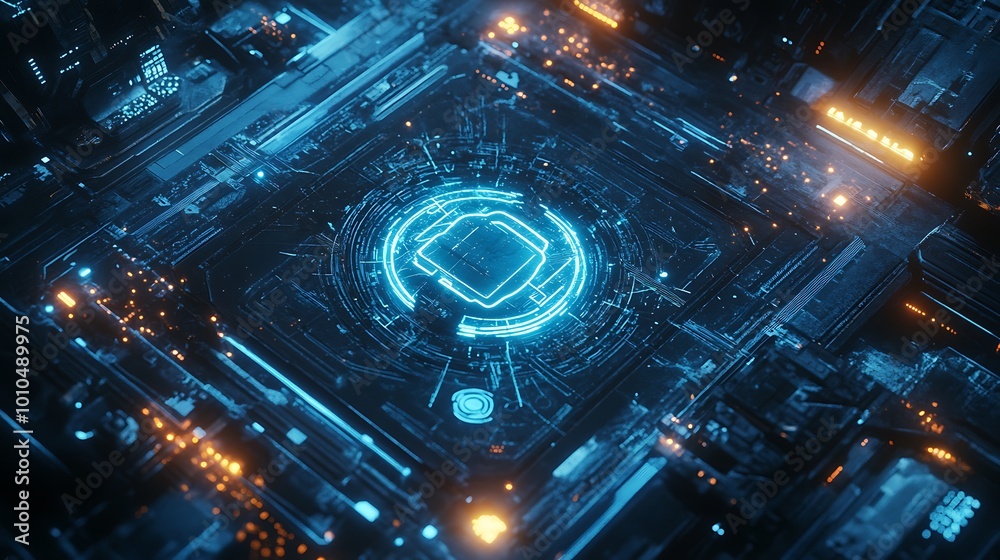 Aufkleber Abstract digital circuit board with glowing blue lines and a central processor.