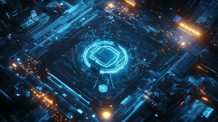 Fototapeta premium Abstract digital circuit board with glowing blue lines and a central processor.