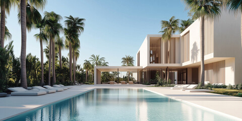 Fototapeta premium Außenansicht einer erstaunlichen modernen, minimalistischen kubischen Luxusvilla mit großem Swimmingpool und Palmen.