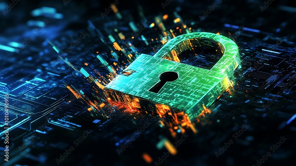 Poster A glowing green padlock with a keyhole sits on a digital circuit board, signifying data security and protection.
