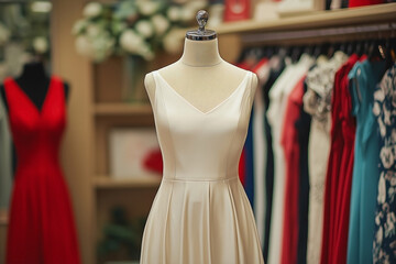Obraz premium A mock-up of a woman’s tight, gorgeous light pearl-colored silk dress displayed on a mannequin in a shop setting