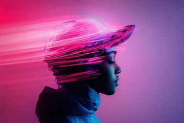 Young woman posing with neon light painting effect