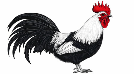 Fototapeta premium Detailed Black and White Illustration of a Rooster with Red Comb and Wattles Standing Against a White Background