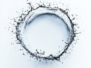 Obraz premium 2408 19.A perfect circle of water splash is captured mid-air, suspended against a white background. The detailed water droplets fan outward, creating a visually striking, fluid motion that symbolizes