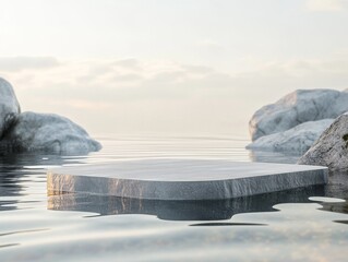 2408 21.A minimalist stone podium rises from the surface of calm, reflective water, with natural rocks surrounding it. The serene setting, with ripples in the water and soft light reflecting on the