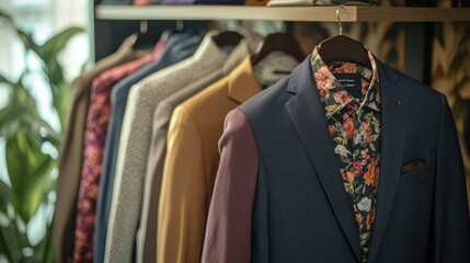 Close-up of a navy blue blazer with a floral patterned shirt hanging on a hanger.