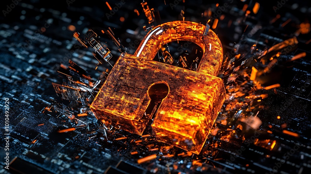Poster a glowing padlock on a circuit board, symbolizing digital security.