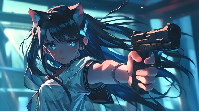 Young girl aiming gun, cinematic action comic book novel style cartoon, cityscape in background. Close-up of anime girl detective face and weapon, dangerous criminal, 3d digital graphic design.
