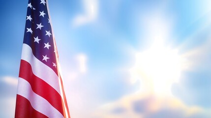Fototapeta premium US flag with copy space and blue sky background.