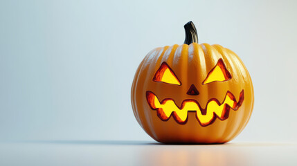 Carved Halloween pumpkin with a glowing grin, against a plain white background.