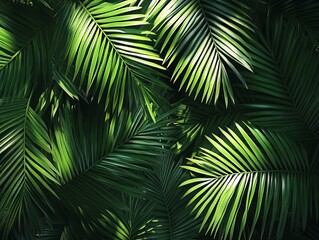 2408 86.A close-up view of deep green tropical palm leaves, casting soft shadows across each other. The rich texture of the leaves contrasts against the dark background, while rays of sunlight