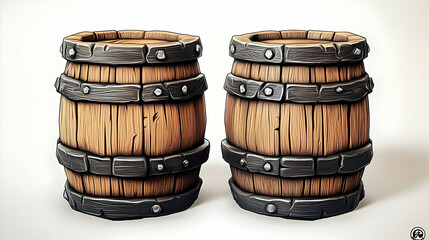 Two Wooden Barrels with Metal Bands and Studs Rendered in a Cartoon Style