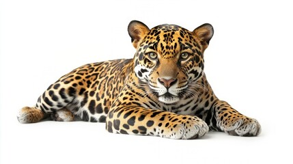 Obraz premium Powerful big cat predator with patterned fur and alert vigilant expression on white background