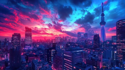 A cityscape with a large tower in the background. The sky is a mix of colors, including red and blue. The city is lit up with neon lights, creating a vibrant and lively atmosphere