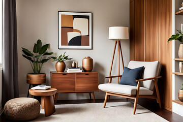 Cozy reading nook with a warm, earthy palette, featuring a wooden cabinet, modern art, and a soft wood stool for a relaxed vibe, ai