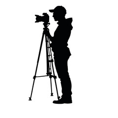 A silhouette of a photographer taking a picture with a camera on a tripod vector silhouette 