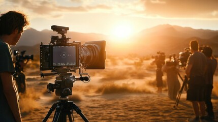 A film crew captures a scene during golden hour with a professional camera, amidst a desert scenery backlit by the setting sun.