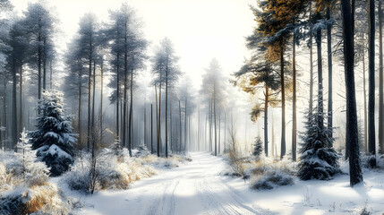 Obraz premium Snowy Forest Path with Sunlight Filtering Through Tall Trees in Winter