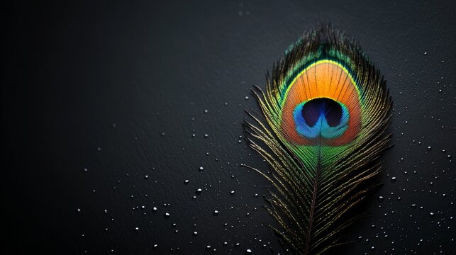 A single peacock feather with vibrant colors and intricate details lays on a black background with water droplets. - Powered by Adobe
