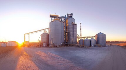 Obraz premium A panoramic shot of a large-scale grain storage facility, with silos and grain elevators against a clear sky