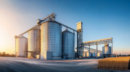 Obraz premium A panoramic shot of a large-scale grain storage facility, with silos and grain elevators against a clear sky