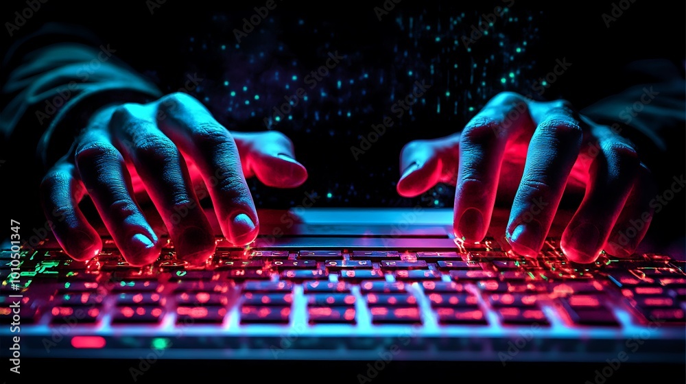 Poster Close-up of hands typing on a backlit keyboard in a dark room with glowing particles in the background.