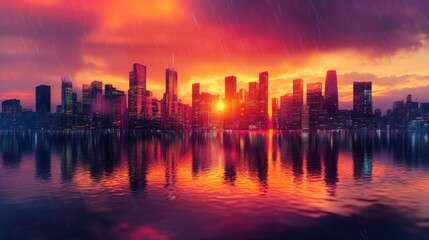 Obraz premium A visual representation of an abstract cityscape silhouette against a vibrant sunset, reflecting off a wet surface
