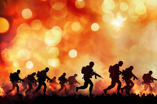 silhouetted soldiers marching through a smoky, fire-lit battlefield, creating a dramatic and intense atmosphere