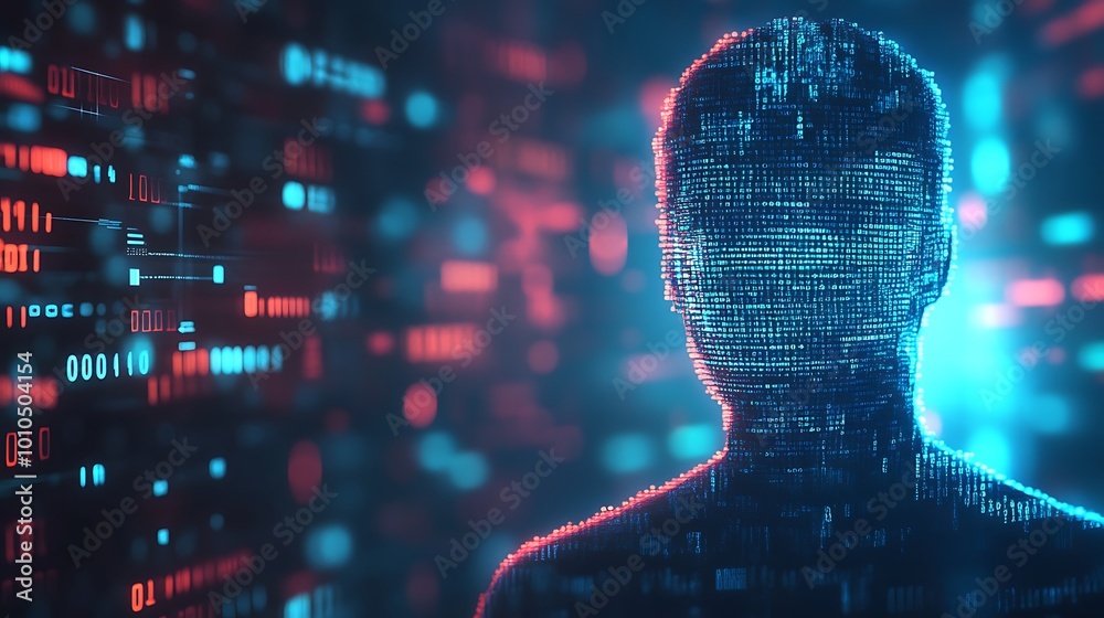 Poster A digital representation of a human figure is composed of binary code against a blurred background of data streams.