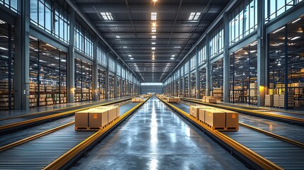 A futuristic warehouse visualized in AR with conveyor belts and smart packaging systems