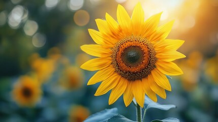 Obraz premium A single sunflower in a field of sunflowers with a warm, blurry background.