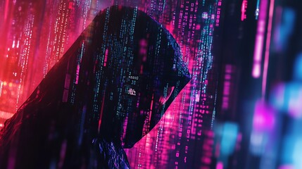 A shadowy figure is obscured by a screen of cascading binary code, representing the anonymity of online activities.