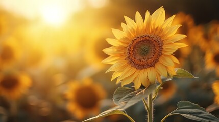 Fototapeta premium A single sunflower stands tall in a field of sunflowers, bathed in the warm glow of the setting sun.