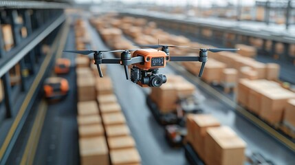 A smart distribution hub visualized through AR with drones and autonomous vehicles managing operations