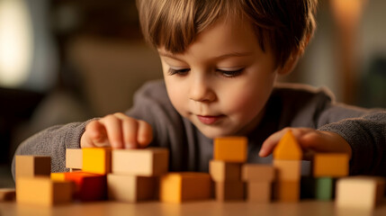 Toddler Building Towers with Colorful Wooden Blocks