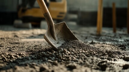 A close-up of a shovel digging into gravel at a construction site, with machinery visible in the background.