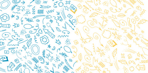 Blue and yellow doodle seamless pattern illustration. Creative minimalist style art background, trendy design with basic shapes. Festive texture concept,