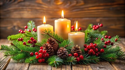 Festive arrangement with candles, pine branches, and berries perfect for holiday decoration and seasonal celebrations with shallow depth of field