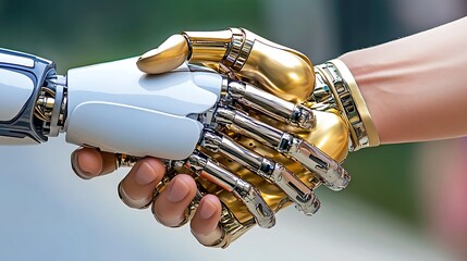 Obraz premium Human Hand Shaking a Robotic Hand Concept of Artificial Intelligence and Future Technology