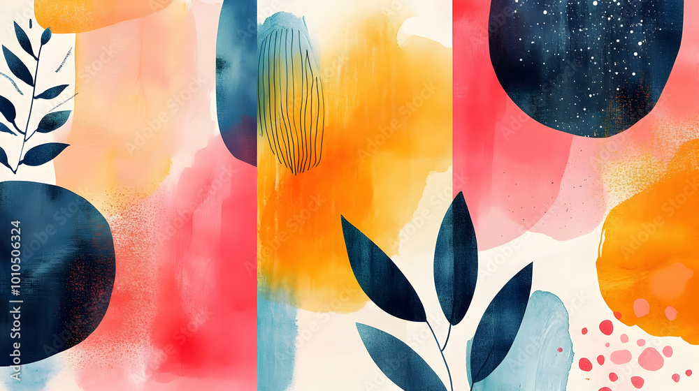 Poster Abstract Watercolor Art with Leaves and Geometric Shapes