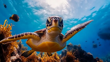 Obraz premium Sea Turtle Underwater Close Up with Sunbeams and Reef