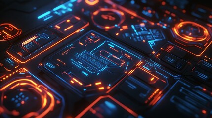 Fototapeta premium A close-up of a futuristic tech interface with glowing blue and orange lights.