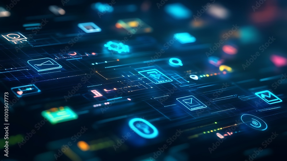 Wall mural a futuristic digital interface with colorful icons representing various applications, services, and 