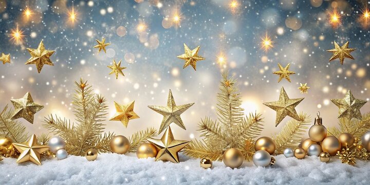 Festive Christmas background with golden stars and snowflakes
