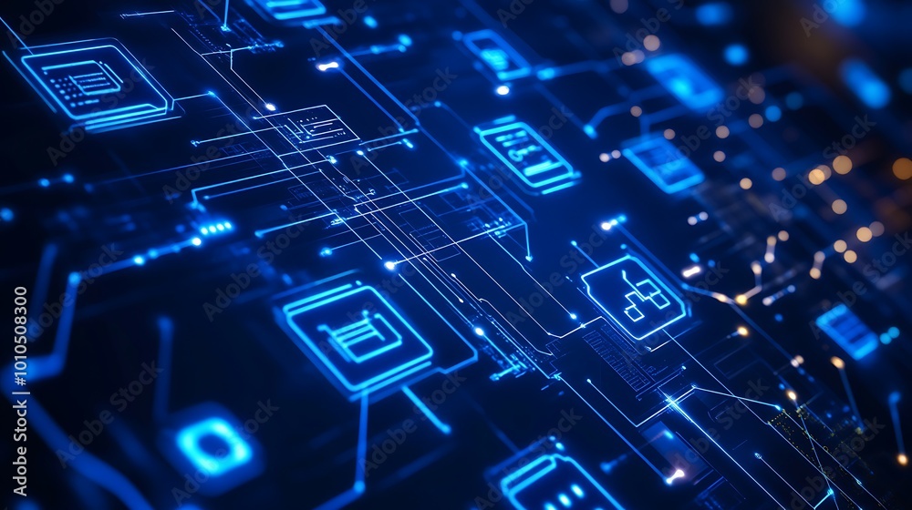 Poster Abstract digital network with glowing blue lines and icons representing data flow and connectivity.