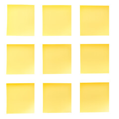 set of yellow sticky notes in a row isolated on transparent  background, yellow sticky post it notes isolated on white background