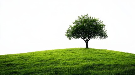 Serene Solitary Tree in Lush Green Meadow on White Background