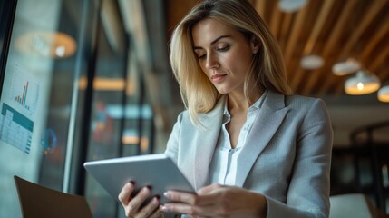 Fototapeta premium A Woman Using a Tablet in a Modern Office Setting