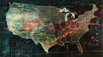 Digital map of the United States with data points and graphs overlay, representing global digital economic activity and connectivity across America.