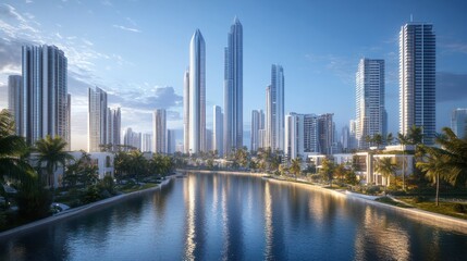 Fototapeta premium Eco-advanced cityscape with tall, sleek towers near a tranquil river, beneath a deep blue sky